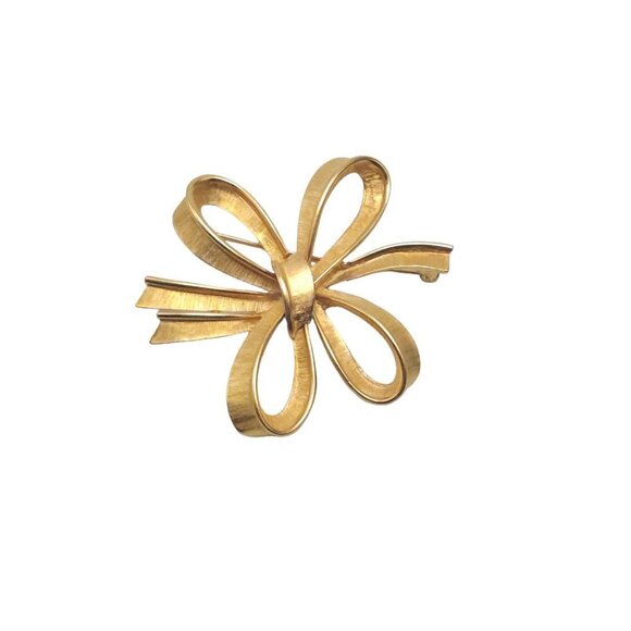 Monet Brushed Double Loop Bow Brooch Pin Gold Tone Vintage 1960s - Picture 1 of 4